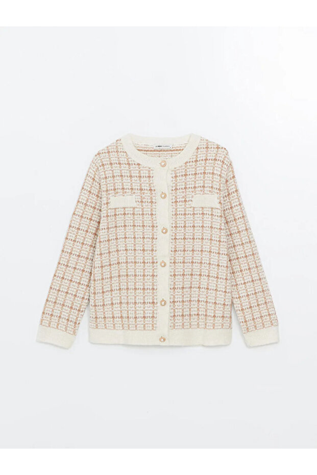 LCWAIKIKI Basic Ekru Jakarlı Bisiklet Yaka Desenli Kadın Triko Hırka - 1