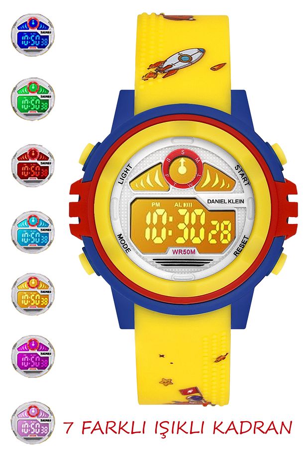 Danıel kleın - 5-10 Yaş için Alarm ve Kronometre Özellikli, 7 Farklı Işıklı sarı Çocuk Kol Saati - 1