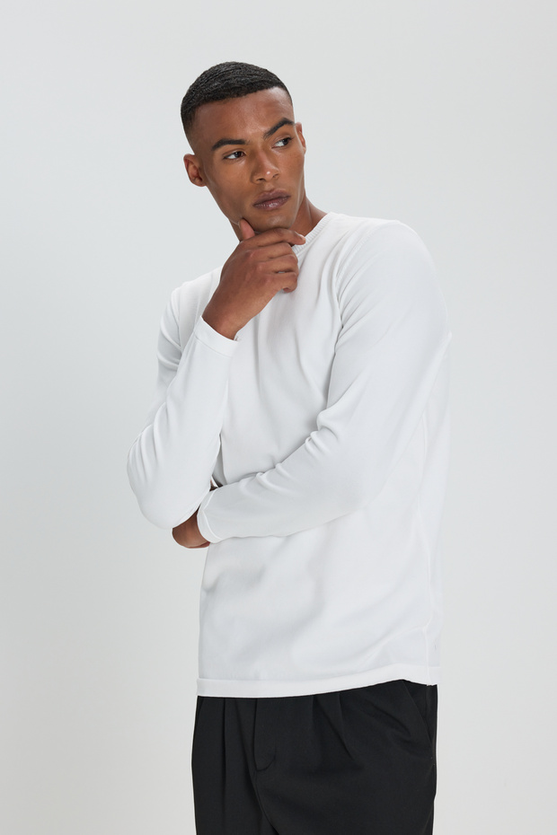 Men's Ecru Standard Fit Normal Cut Crew Neck Knitwear Sweater
