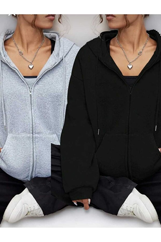 2-Piece Unprinted Zippered Cardigan Sweatshirt - Black Gray Oversize Winter Thick Hood