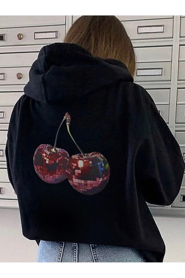 Women's sweatshirt cherry print hoodies 3-thread compact fabric (cotton interior)