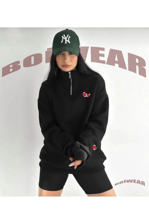 Cherry Amb. Printed Half Zippered Stand Collar 3 Thread Sweatshirt - Pink Oversize Black Gray Green Sweat