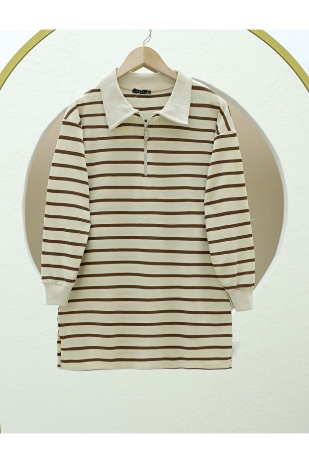 Polo Neck Striped Slit Tunic -Brown