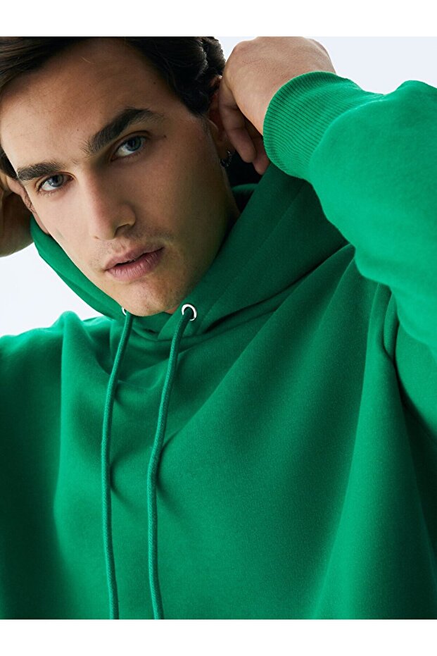 Basıc Kapüşonlu Yeşil Sweatshırt - 4