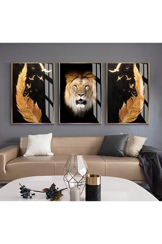 Hari̇kabi̇rev | Black-Gold Color Lion and Feather Combination | Framed Glass Table 3 Pieces Vertical