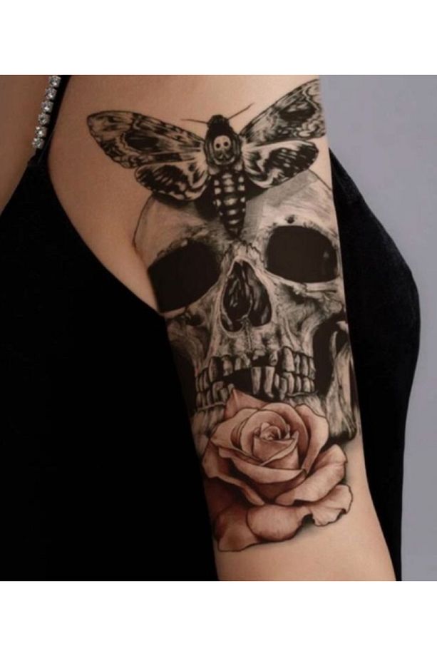 Gerçek Dövme Görünümlü Kelebek Gül Kuru Kafa Modelli 3 Boyutlu Tattoo, Geçici Dövme - 3