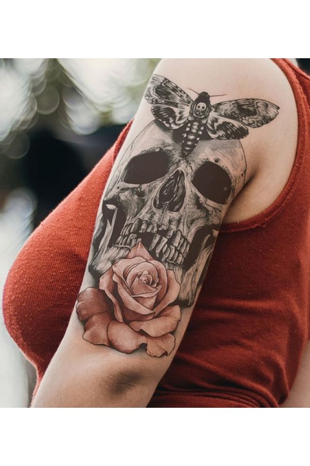 Gerçek Dövme Görünümlü Kelebek Gül Kuru Kafa Modelli 3 Boyutlu Tattoo, Geçici Dövme - 1