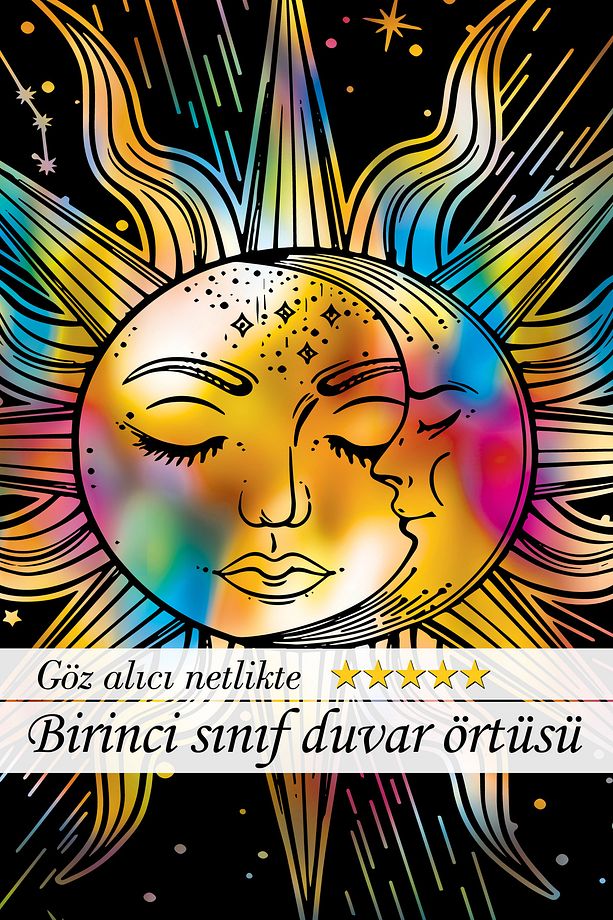 Güneş ve Ay Tutkulu Aşk Parlak Kumaş Gökkuşağı Tonlarında Renkli Mistik Duvar Örtüsü Duvar Halısı - 4