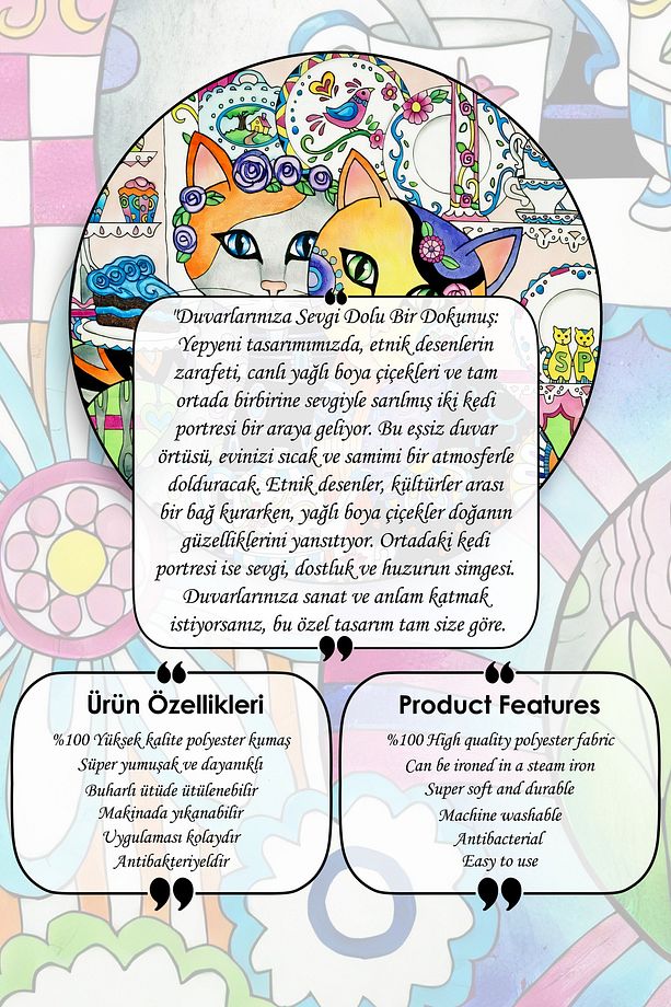 Sanatın Büyüsü, Etnik Desenler, Yağlı Boya Çiçekler ve Sevgi Dolu Kediler Duvar Örtüsü Duvar Halısı - 3