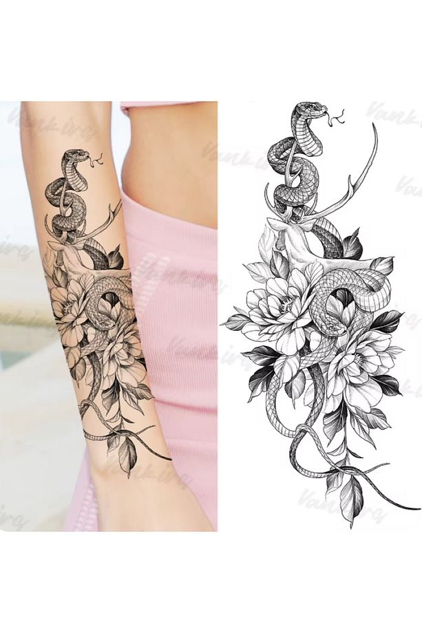 Gerçek Dövme Görünümlü Çiçek Yılan Modelli 3 Boyutlu Tattoo, Geçici Dövme - 4
