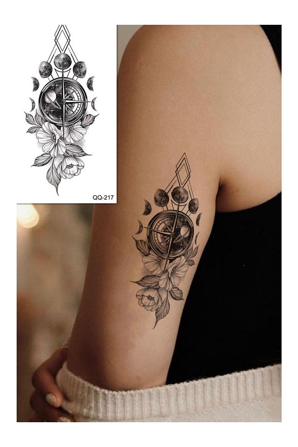 Gerçek Dövme Görünümlü Gül Pusula Modelli 3 Boyutlu Tattoo, Geçici Dövme - 1