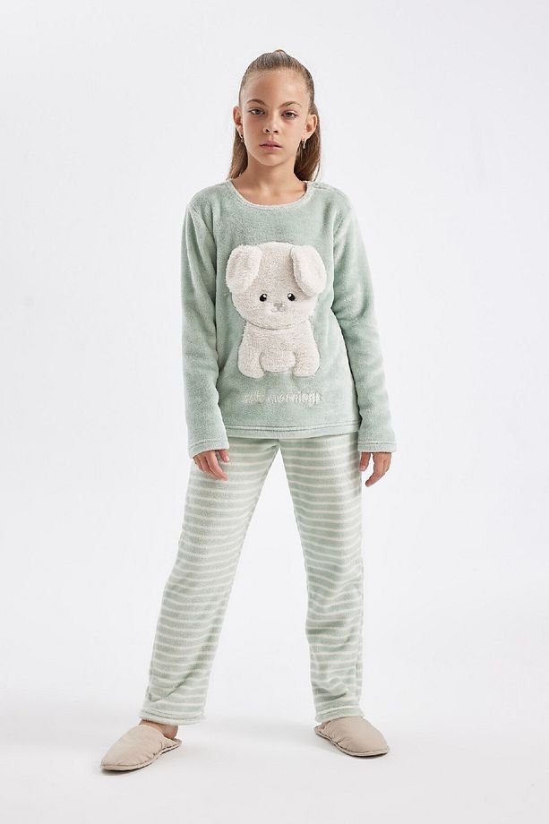 Kız Çocuk Baskılı Uzun Kollu Üst Uzun Alt Polar Pijama Takımı D1087A824WN - 1