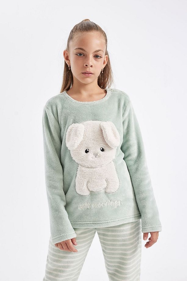 Kız Çocuk Baskılı Uzun Kollu Üst Uzun Alt Polar Pijama Takımı D1087A824WN - 4