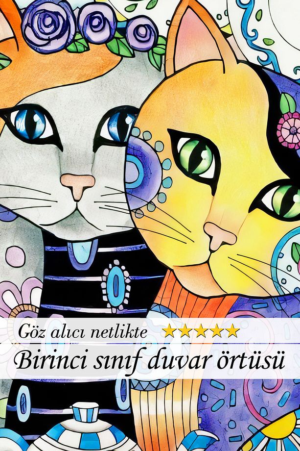 Sanatın Büyüsü, Etnik Desenler, Yağlı Boya Çiçekler ve Sevgi Dolu Kediler Duvar Örtüsü Duvar Halısı - 4