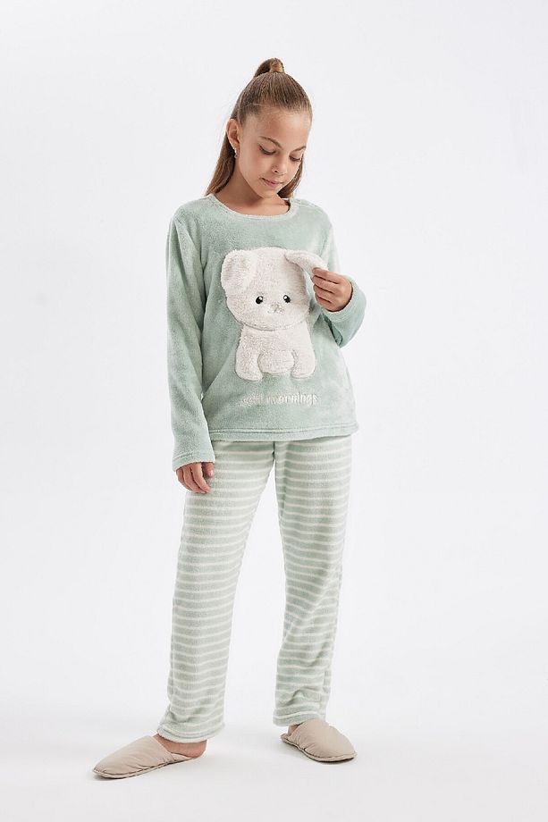 Kız Çocuk Baskılı Uzun Kollu Üst Uzun Alt Polar Pijama Takımı D1087A824WN - 2