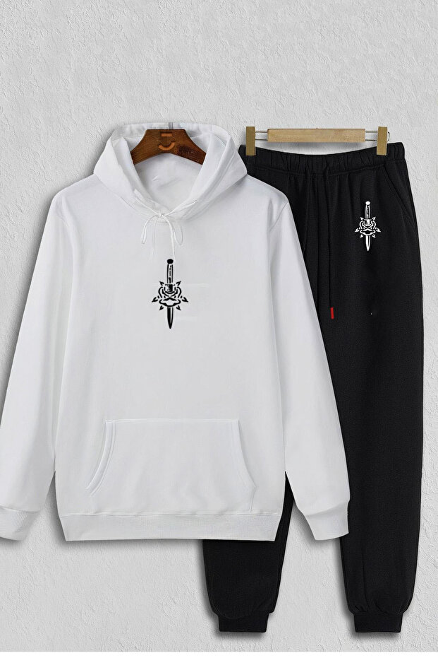 Sword and Rose Front Top Bottom Printed White Hooded Sweatshirt and Black Sweatpants Oversize