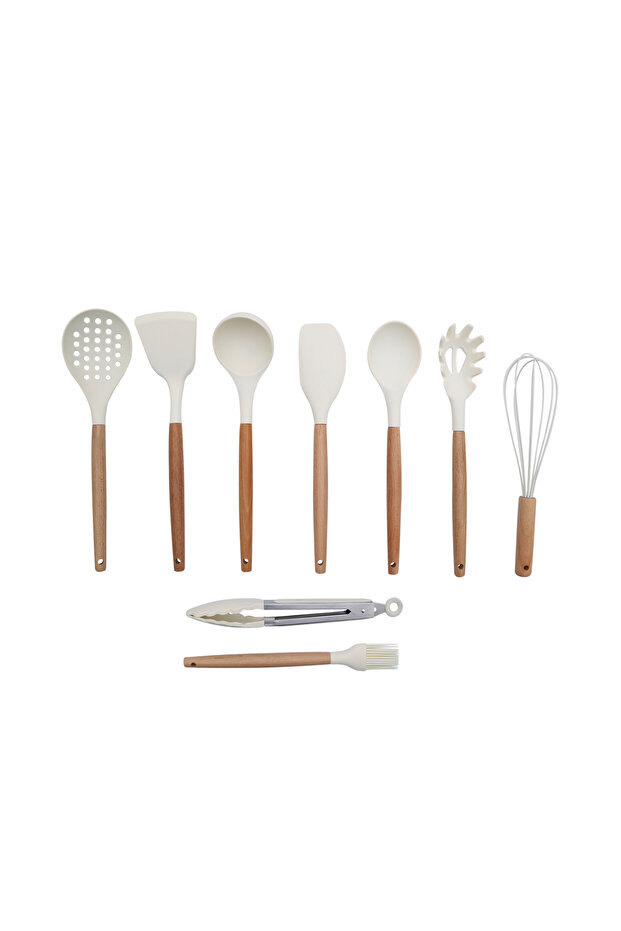 9 Parça Bambu Saplı Silikon Mutfak Seti Krem - 1