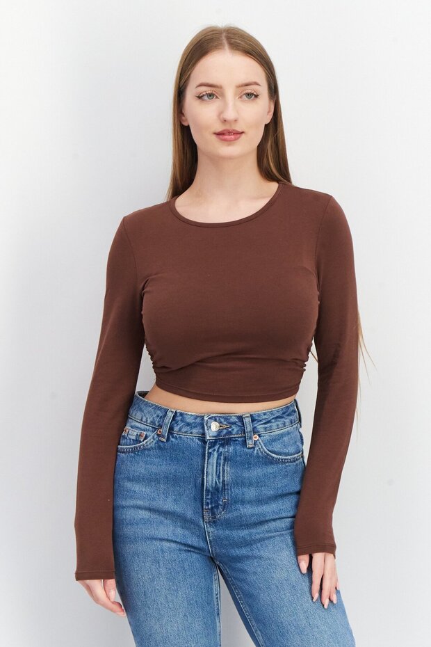 Women Crew Neck Long Sleeve Plain Cut Out Top, Brown