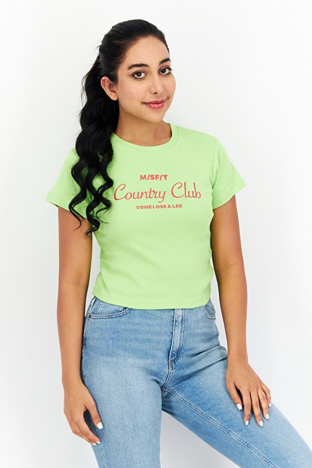 Women Crew Neck Short Sleeves Printed T-Shirt, Lime
