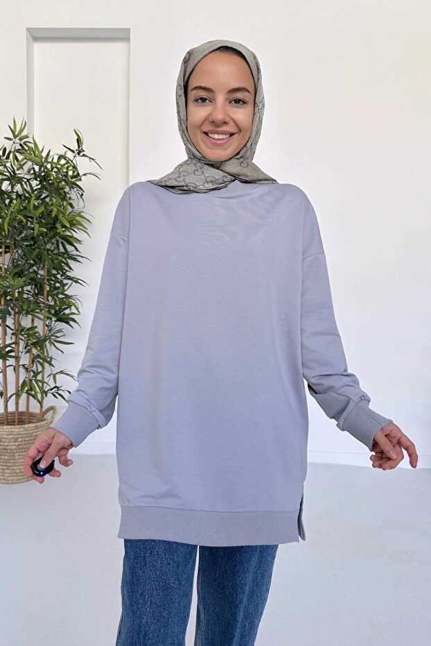 Basic Tesettür Sweatshirt - Gri - 1
