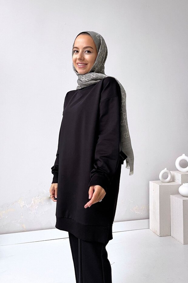Basic Tesettür Sweatshirt - Siyah - 1