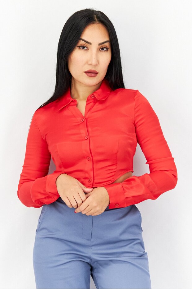 Women Spread Collar Long Sleeve Plain Top, Red