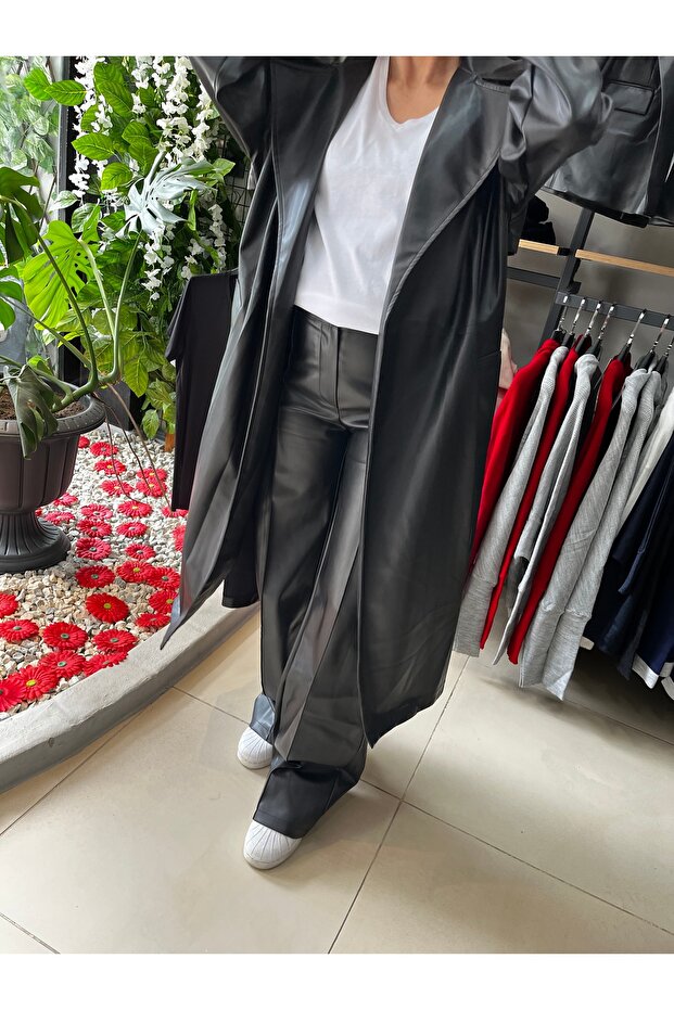 Siyah Deri Trençkot - 6