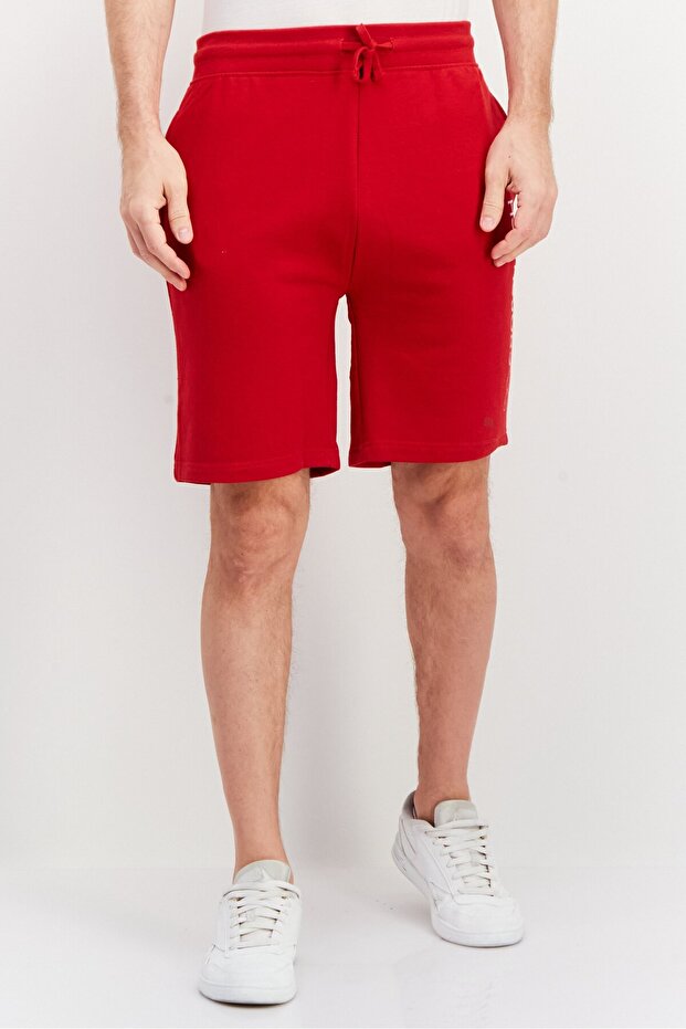 Men Drawstring Brand Logo Basic Shorts, Red - 1
