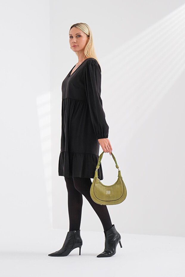 V Yaka Kabarık Kollu Elbise - 2