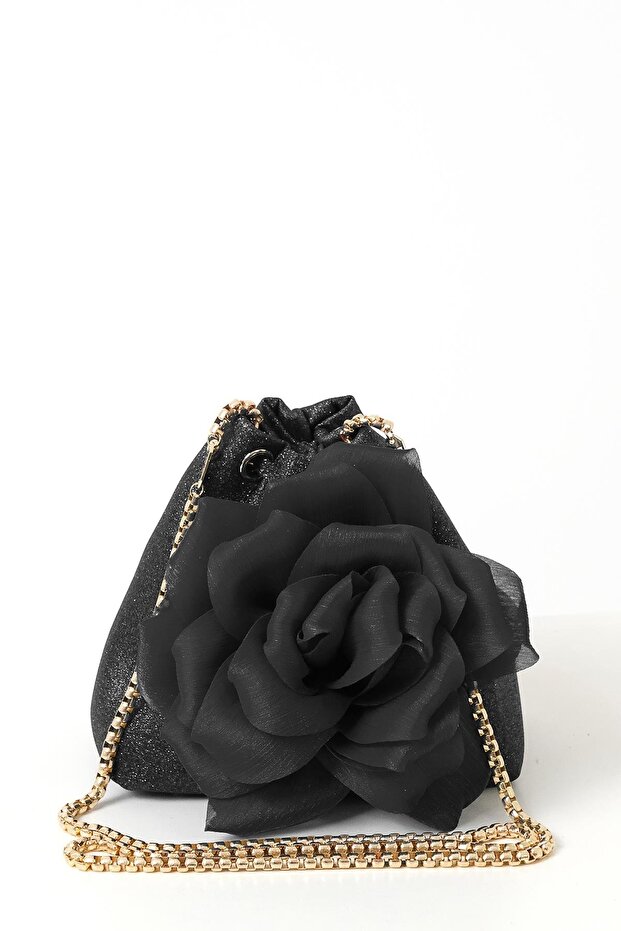 Çiçekli Simli Mini Bucket Çanta - 1