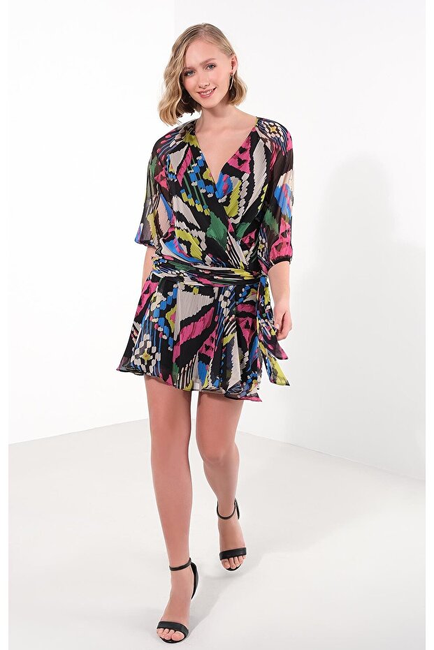 Desenli Kruvaze Mini Elbise - 4