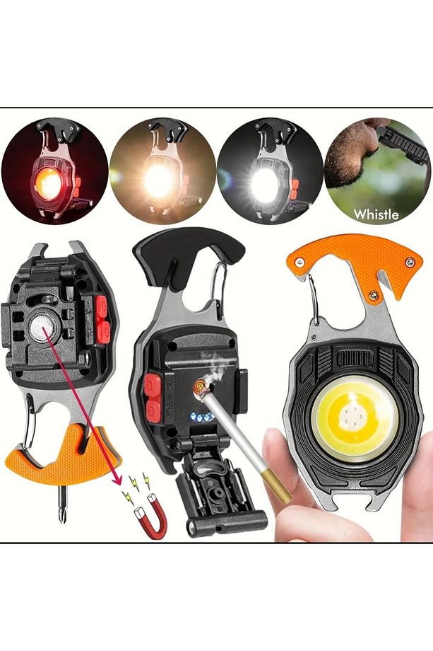Çok Güçlü 7 Fonksiyonlu USB Şarjlı Led Fener Işıldak Çakmak Anahtarlık Ev Kamp Araba Hediye Erkek - 4