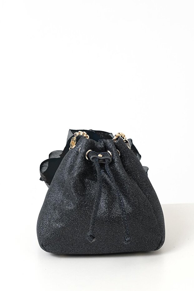 Çiçekli Simli Mini Bucket Çanta - 4