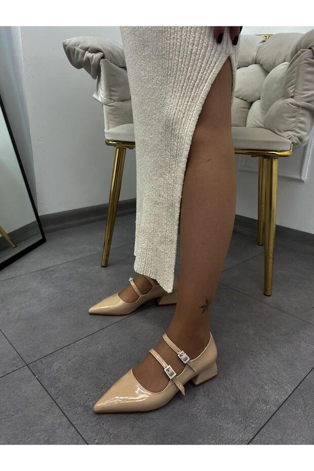 Beige Patent Leather (Viola) Buckle Detail Women's Ballerinas