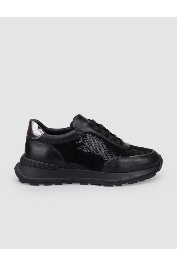 100% Genuine Leather Black Lace-Up Sequin Detailed Women's Sports Shoes