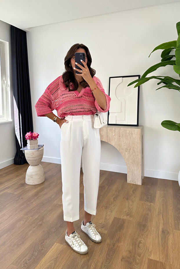 Lepsy White Classic Carrot Trousers