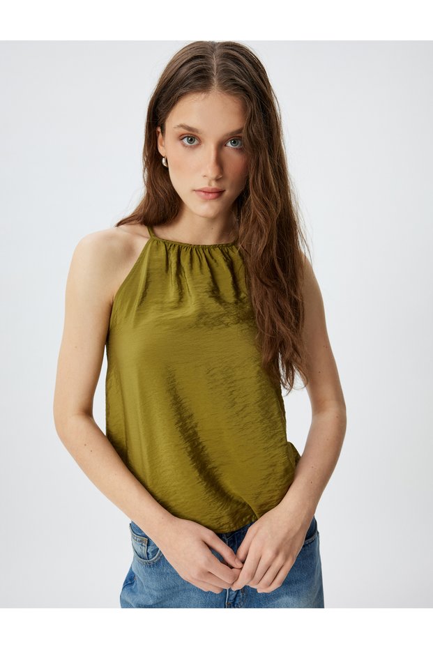 Viscose Halter Neck Blouse Sleeveless Lacing Detail Loose Fit with Back Window Detail