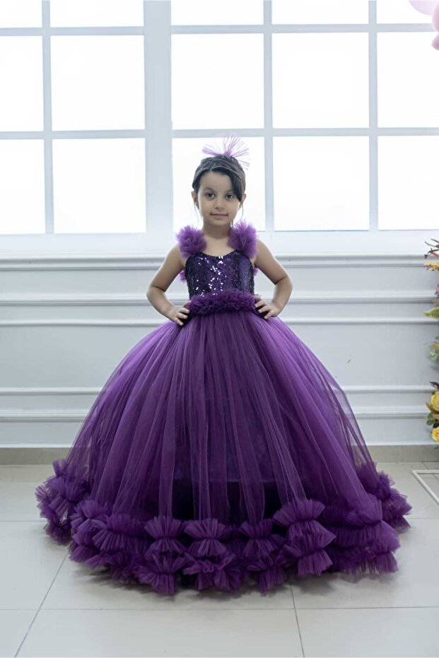 Girls' Evening Dresses Our Princess Model Double Layered Ruffle Sequin Embroidered Latest Designs