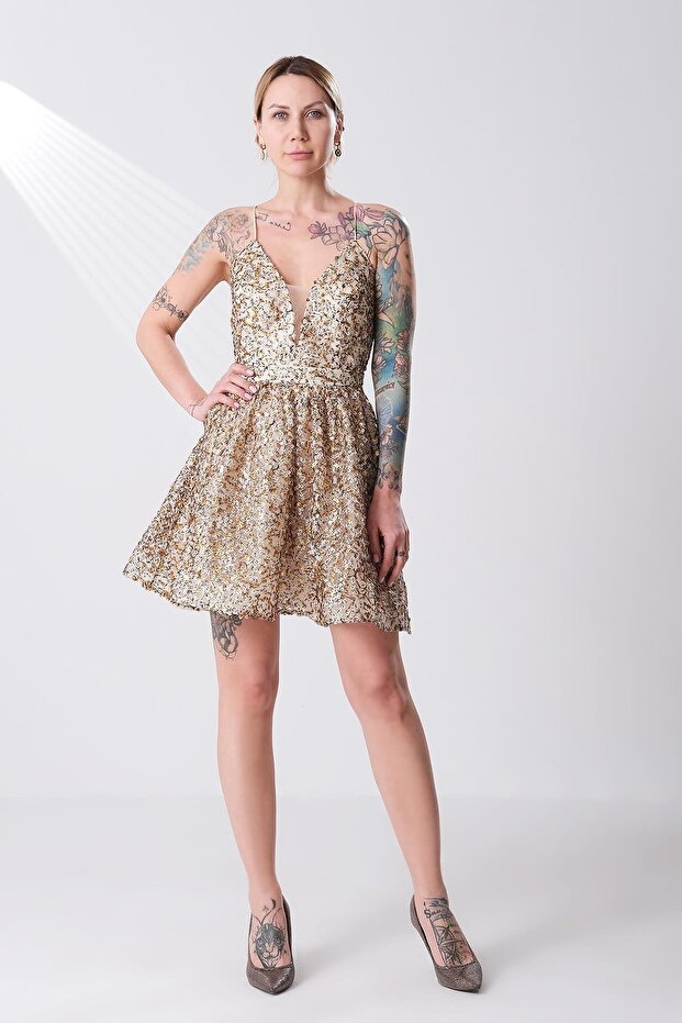 İnce Askılı Payet Mini Elbise - 1