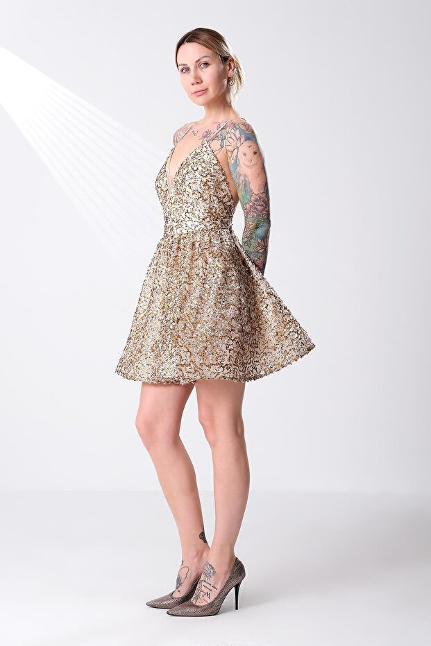 İnce Askılı Payet Mini Elbise - 4