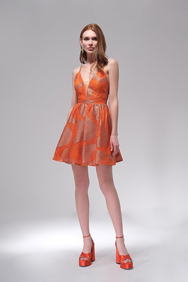 İnce Askılı Dantel Mini Elbise - 1