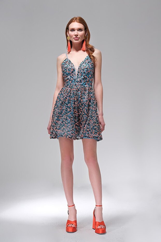 İnce Askılı Payet Mini Elbise - 1