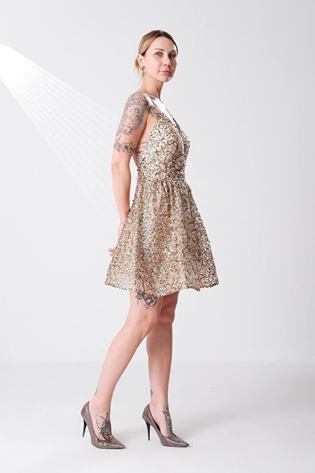 İnce Askılı Payet Mini Elbise - 2