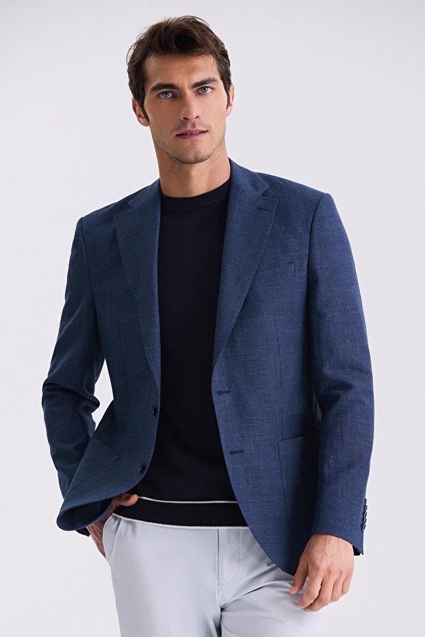 Dark Navy Slim Fit Mono Collar Linen Sports Jacket