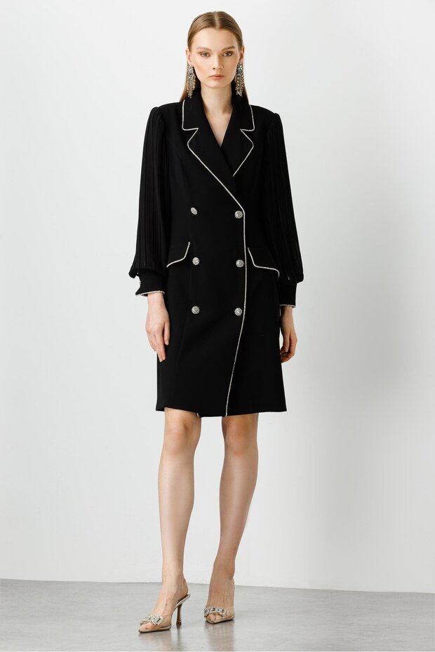 Modailgi Kolları Pliseli Taş Şeritli Elbise Siyah - 1