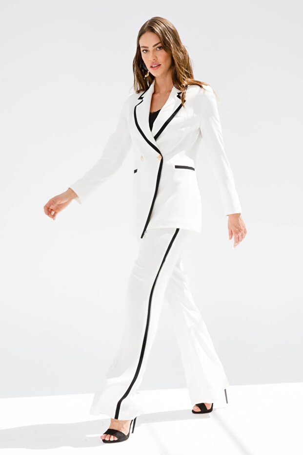 Pantaloni largi Modailgi cu detaliu din piele - 7016 Ecru - 2