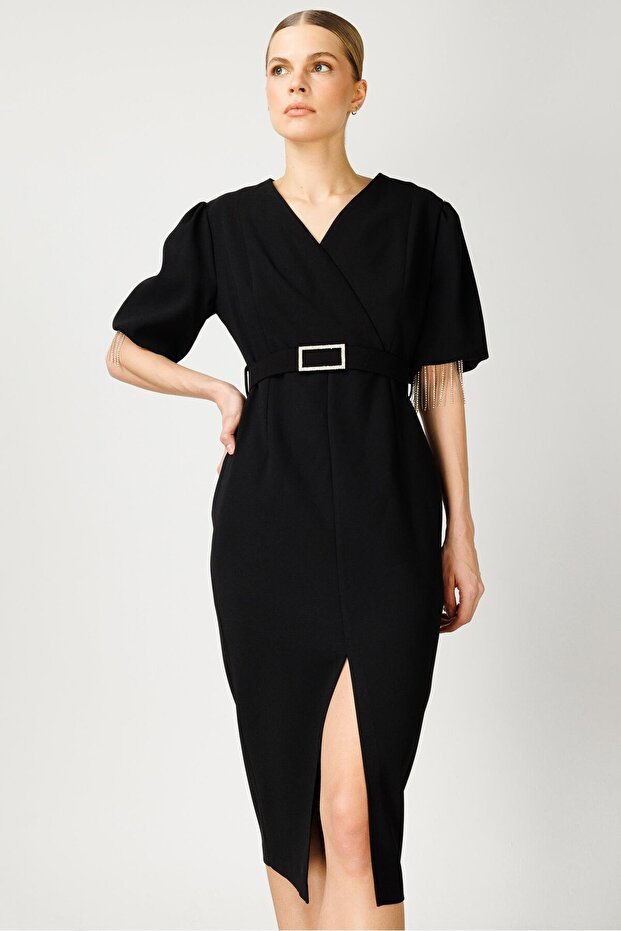 Modailgi  Şerit Taşlı Balon Kol Elbise Siyah - 2