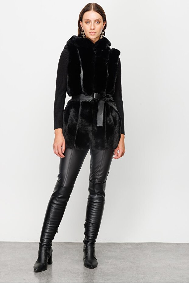 Modailgi  Kapüşonlu Kürk Yelek Siyah - 1