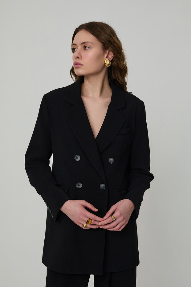 Button Detailed Double Breasted Collar Oversize Blazer Jacket Black