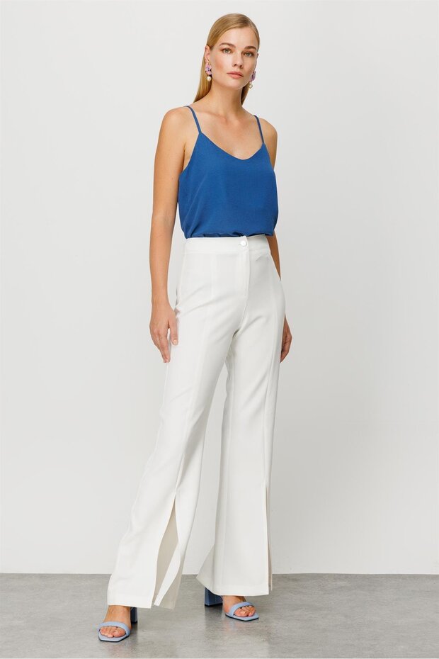 Modailgi Yırtmaçlı İspanyol Paça Pantolon Ekru - 4